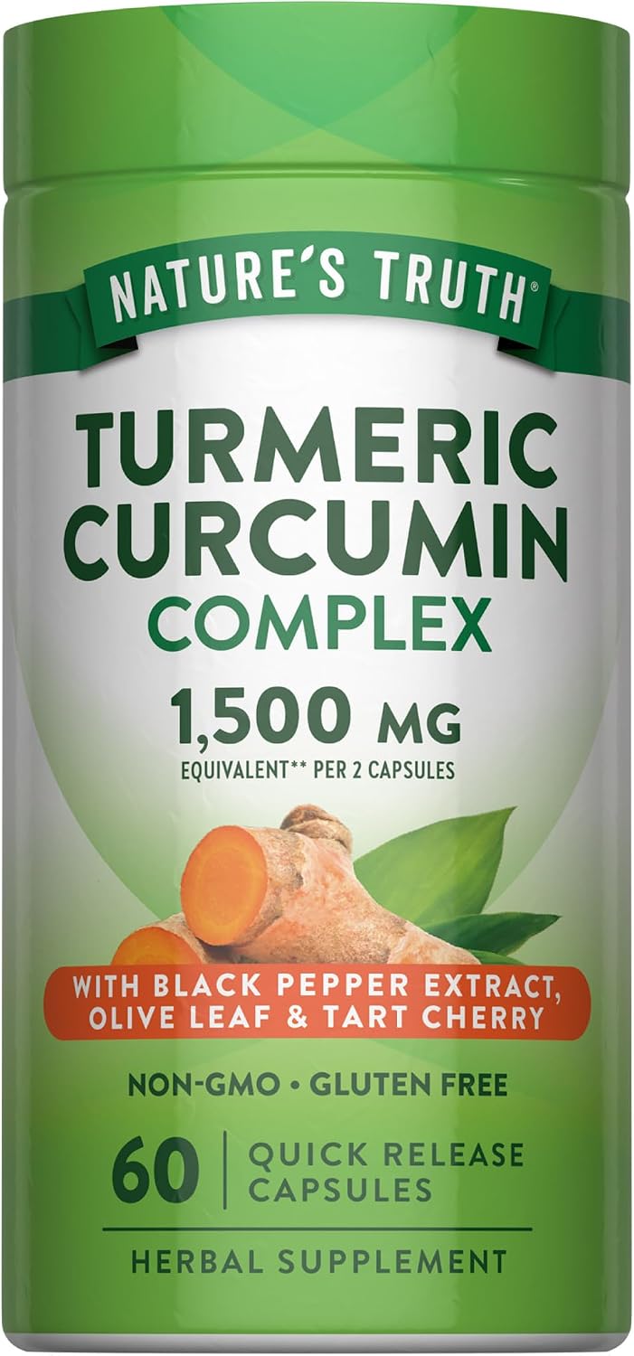 Turmeric Curcumin Complex 1,500 mg with Black Pepper Extract, Olive Leaf & Tart Cherry, 60 Quick Release Capsules.