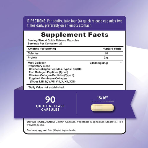 Supplement Facts panel for Multi Collagen Protein 90 Capsules shown.
