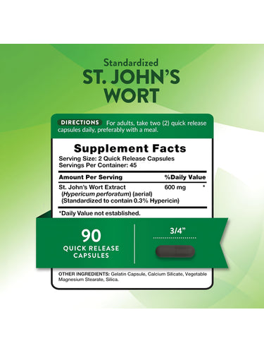 Supplement Facts panel for St Johns Wort, 600 mg, 90 capsules, displayed showing nutritional information and content details.