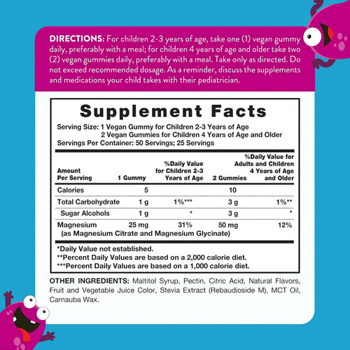 Supplement Facts showing details for Kids Magnesium Berry 50 Gummies.