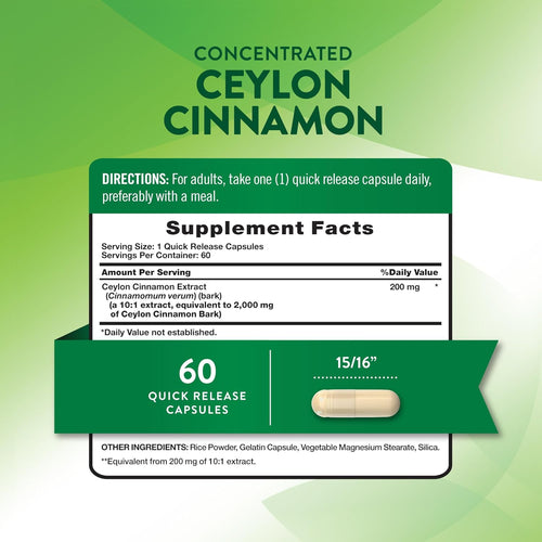 Concentrated Ceylon Cinnamon in 60 Quick Release Capsules, shown with a capsule size of 15/16 inch.