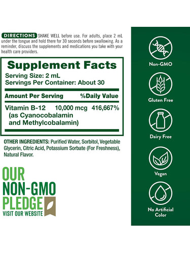 Supplement Facts panel detailing NT B-12 10,000 mcg in a 2 oz Liquid format.