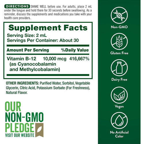 Supplement Facts panel detailing NT B-12 10,000 mcg in a 2 oz Liquid format.