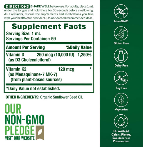 Supplement Facts for NT K2 + D3 Liquid Drops, 2 oz.