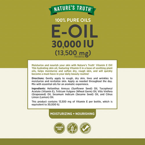 E Oil bottle with icons indicating paraben free, gluten free, and quality assured.
