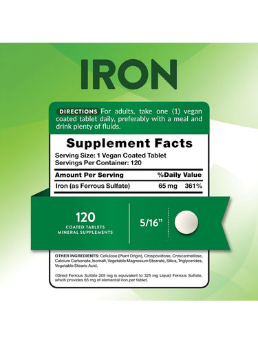 Supplement Facts for Iron Ferrous Sulfate 65 mg, 120 Tablets, displayed.