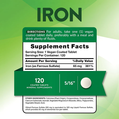 Supplement Facts for Iron Ferrous Sulfate 65 mg, 120 Tablets, displayed.
