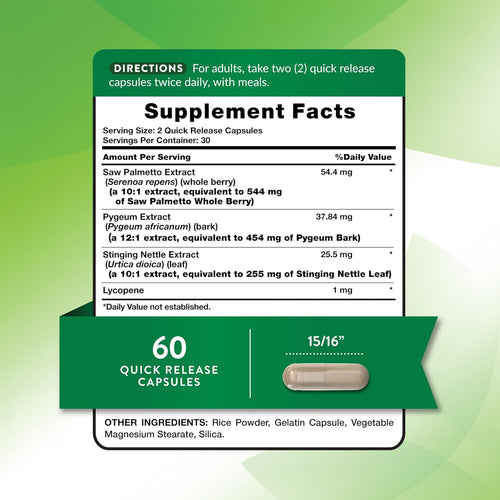 Supplement Facts for ProstAid Saw Palmetto Complex, 60 capsules.