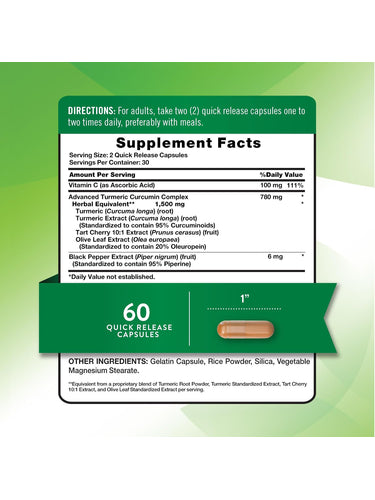 Supplement Facts for NT Turmeric 1500 mg Complex, 60 capsules.