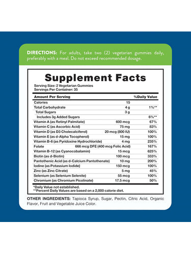 Supplement Facts panel for NT Men's Multi 70 Gummies, detailing vitamin and mineral content per serving, along with daily value percentages.