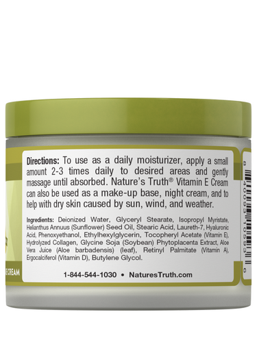 Nature's Truth Vitamin E Cream 4 oz jar with usage directions and ingredients listed on the back label.