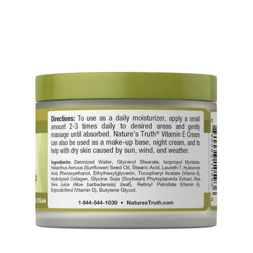 Nature's Truth Vitamin E Cream 4 oz jar with usage directions and ingredients listed on the back label.