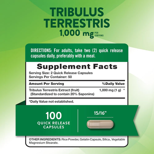 Tribulus Terrestris supplement, 1,000 mg per serving with 100 quick-release capsules.