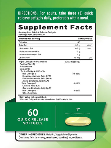 Triple Omega 3-6-9 3600 mg con Pescado, Lino, Borraja
