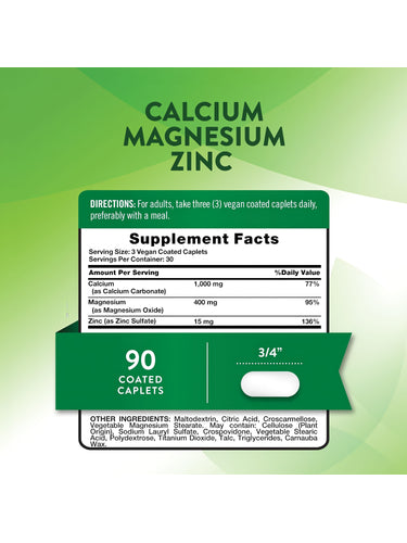 Image of the Supplement Facts panel for NT Calcium Magnesium Zinc, containing 90 caplets with nutritional information.