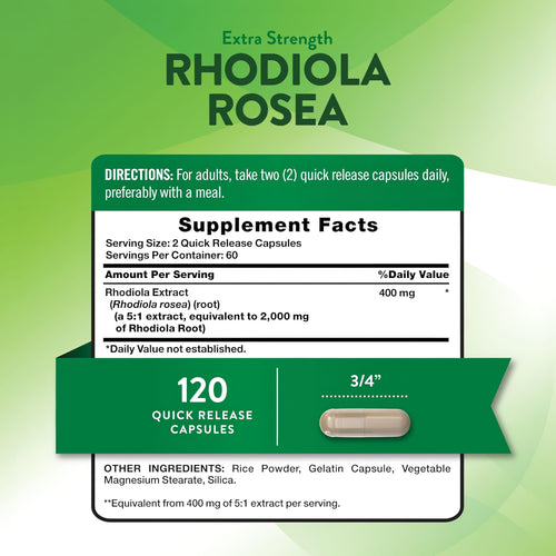 Extra Strength Rhodiola Rosea 2000 mg with 120 quick release capsules.
