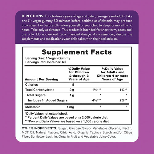 Supplement Facts panel for Melatonin 1 mg, 60 Gummies, displayed on the product packaging.