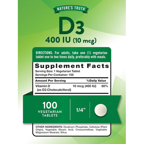 Nature's Truth D3 400 IU (10 mcg) 100 vegetarian tablets with Supplement Facts panel and usage directions.