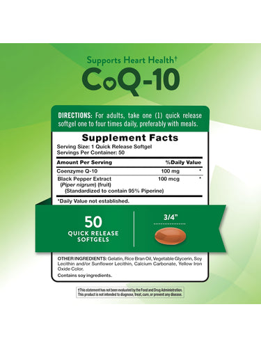 Supplement Facts panel for NT Co Q-10 100 mg plus Black Pepper, 45+5 Softgels.