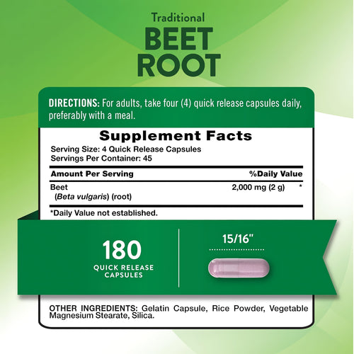 Supplement Facts for Beet Root 1000 mg, containing 180 capsules, detailed in a labeled panel.