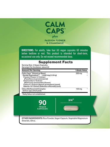 Calm Caps with Passion Flower and Chamomile, 90 vegan capsules, promotes relaxation and stress relief. Bottle image.