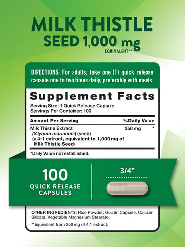 Milk Thistle Seed 1,000 mg Equivalent Quick Release Capsules, 100 count, showing Supplement Facts and a 3/4' capsule.