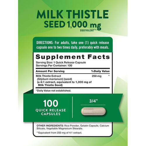 Milk Thistle Seed 1,000 mg Equivalent Quick Release Capsules, 100 count, showing Supplement Facts and a 3/4' capsule.