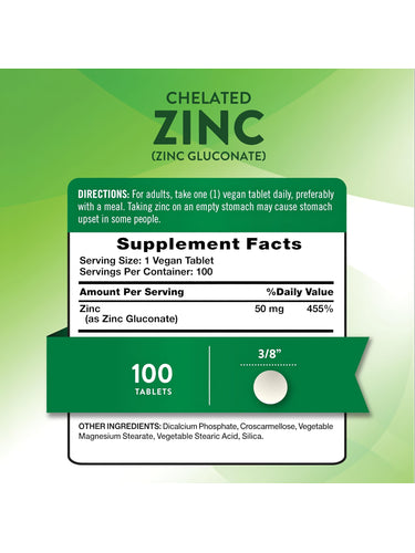 Product image of Chelated Zinc 50 mg, 100 tablets.