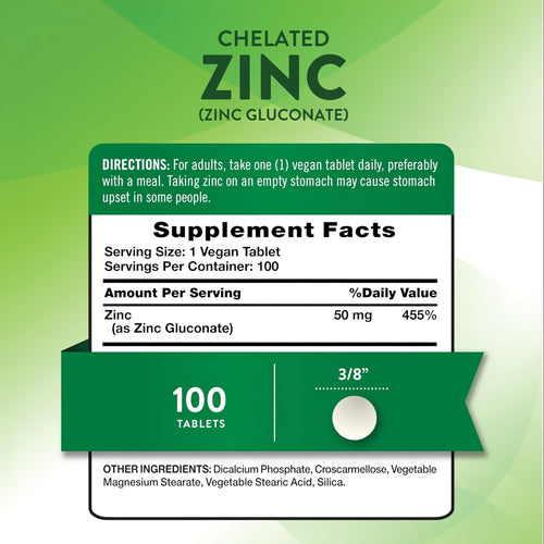 Product image of Chelated Zinc 50 mg, 100 tablets.