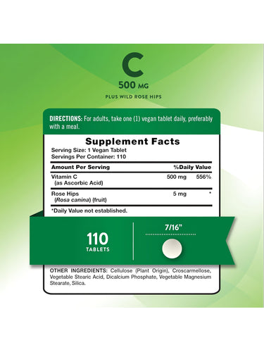 NT C 500 mg + RH 110 Tablets, labeled 'C 500 MG Plus Wild Rose Hips', with a 7/16 inch vegan tablet.