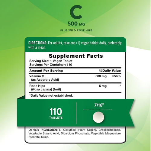 View 2 NT C 500 mg + RH 110 Tablets, labeled 'C 500 MG Plus Wild Rose Hips', with a 7/16 inch vegan tablet.