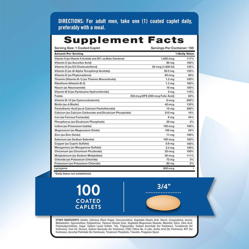 Supplement Facts panel for ABC Complete Men's Multi with 100 caplets shown.