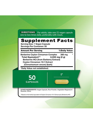 Image of Supplement Facts panel for NT Berberine + Ceylon Cinnamon 50 Capsules.