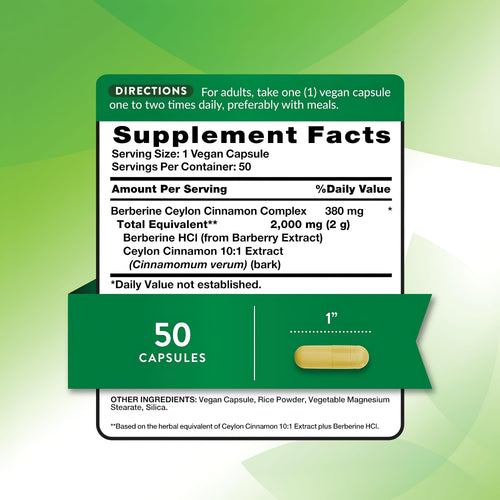 Image of Supplement Facts panel for NT Berberine + Ceylon Cinnamon 50 Capsules.