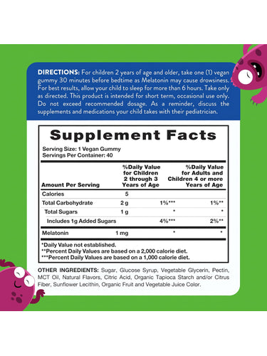 Image of NT Kids Melatonin 1 mg 40 Gummies Supplement Facts panel.