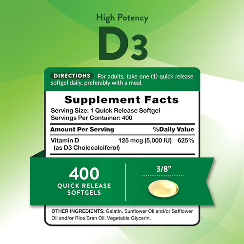 High Potency D3 125 mcg (5,000 IU) quick release softgels, 400 count. Each softgel measures 3/8 inch.