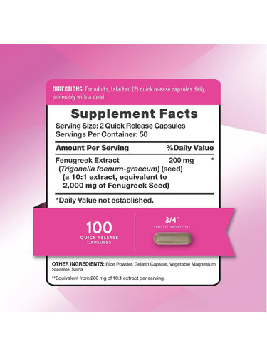 Supplement Facts panel for Fenugreek 2000 mg, 100 capsules bottle.