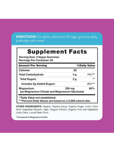 Supplement Facts panel detailing NT Magnesium 60 Gummies.