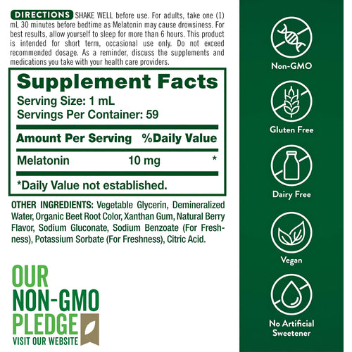 Supplement Facts panel for Melatonin 10 mg 2 oz liquid.