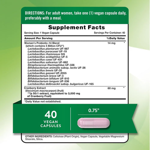 Supplement Facts label for NT Womens Probiotic plus Cranberry, 40 vegetarian capsules.
