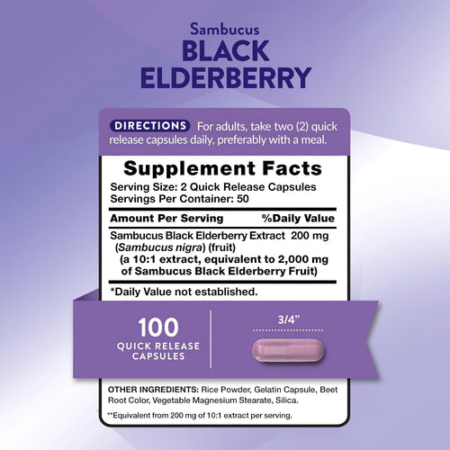 Supplement Facts panel for Elderberry with 100 capsules, detailing nutritional information and ingredient composition.
