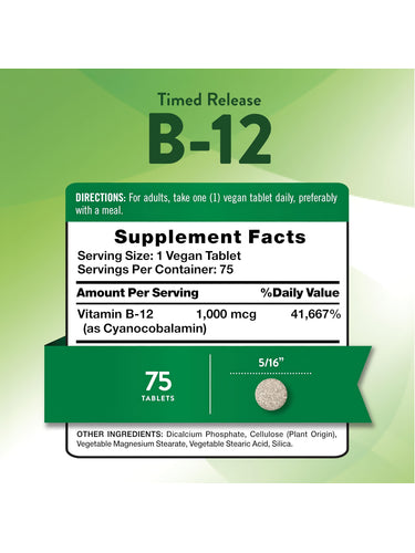 Vegan timed release B-12 tablets, 1000 mcg dosage, 75 count.