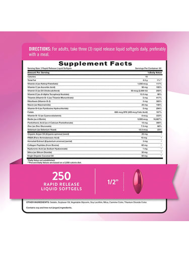 Supplement Facts panel for NT Hair, Skin, Nails 250 Softgels.