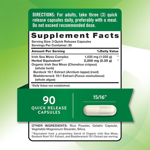 NT Irish Sea Moss 90 Quick Release Capsules with a Supplement Facts panel and a diagram showing capsule size.