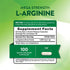 Supplement Facts panel for L-Arginine 500 mg, containing 100 capsules, detailing ingredients and nutritional information.