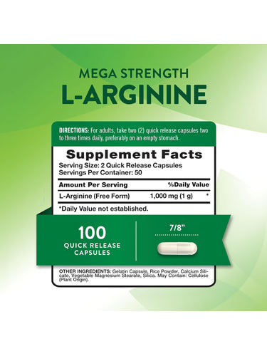 Supplement Facts panel for L-Arginine 500 mg, containing 100 capsules, detailing ingredients and nutritional information.