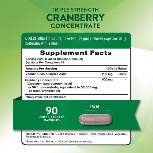 Triple Strength Cranberry Concentrate with Vitamin C, 90 Quick Release Capsules, equals 30,000 mg fresh cranberries.