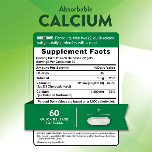 Supplement Facts for Calcium 1,200 mg plus D3 5000 IU, 60 Softgels.