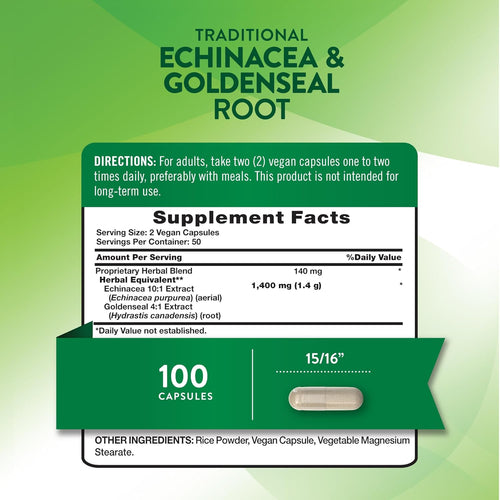 Traditional Echinacea & Goldenseal Root, 100 Capsules. A 15/16'' vegan capsule is also shown.