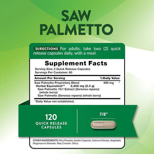 Saw Palmetto 2400 mg, 120 Quick Release Capsules with one capsule measuring 7/8 inch displayed.
